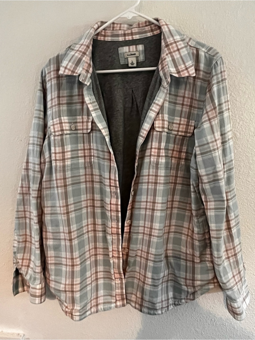L.L. Bean Women’s Plaid Button-Down Shirt Jacket Lined Light Blue/Grn & Tan LG